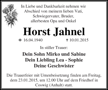 Traueranzeige von Horst Jahnel von WVG - Wochenspiegel Dessau / Köthen