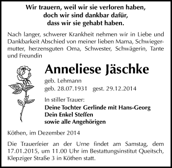 Traueranzeige von Anneliese Jäschke von Mitteldeutsche Zeitung Köthen