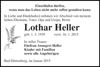 Traueranzeige von Lothar Heller von Super Sonntag Merseburg