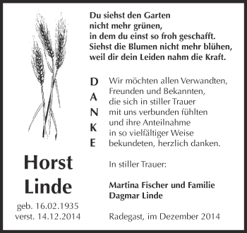 Traueranzeige von Horst Linde von WVG - Wochenspiegel Dessau / Köthen