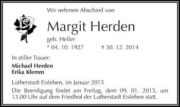 Traueranzeige von Margit Herden von Mitteldeutsche Zeitung Mansfelder Land