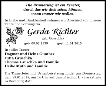 Traueranzeige von Gerda Richter von Mitteldeutsche Zeitung Bernburg