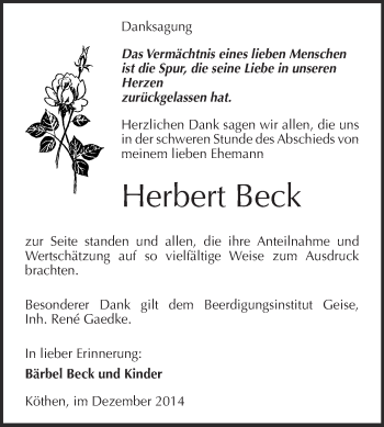 Traueranzeige von Herbert Beck von WVG - Wochenspiegel Dessau / Köthen
