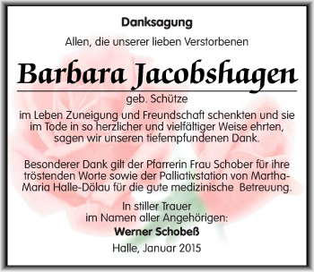 Traueranzeige von Barbara Jacobshagen von Mitteldeutsche Zeitung Halle/Saalkreis