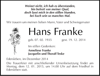 Traueranzeige von Hans Franke von Mitteldeutsche Zeitung Sangerhausen