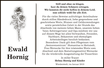 Traueranzeige von Ewald Hornig von Super Sonntag SGH Mansf. Land