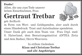 Traueranzeige von Gertraut Tretbar von Super Sonntag Zeitz