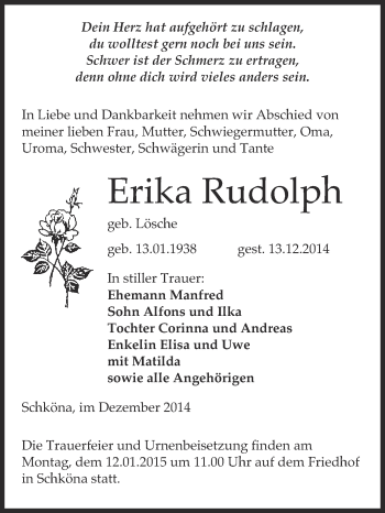 Traueranzeige von Erika Rudolph von WVG - Wochenspiegel Wittenberg