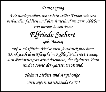 Traueranzeige von Elfriede Siebert von Mitteldeutsche Zeitung Sangerhausen
