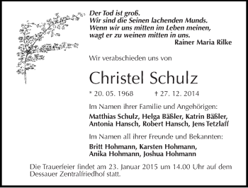 Traueranzeige von Christel Schulz von Mitteldeutsche Zeitung Dessau-Roßlau