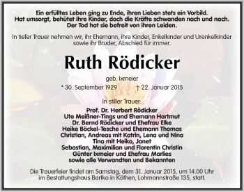 Traueranzeige von Ruth Rödicker von Mitteldeutsche Zeitung Köthen