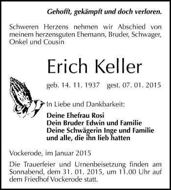 Traueranzeige von Erich Keller von WVG - Wochenspiegel Wittenberg