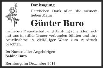 Traueranzeige von Günter Buro von Super Sonntag Bernburg