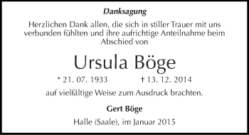 Traueranzeige von Ursula Böge von Mitteldeutsche Zeitung Halle/Saalkreis