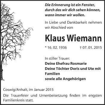 Traueranzeige von Klaus Wiemann von Super Sonntag Wittenberg