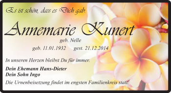 Traueranzeige von Annemarie Kunert von Mitteldeutsche Zeitung Quedlinburg