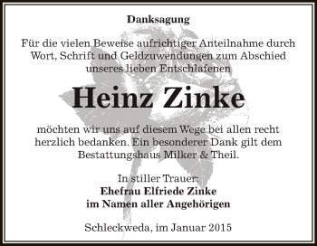 Traueranzeige von Heinz Zinke von Super Sonntag Zeitz