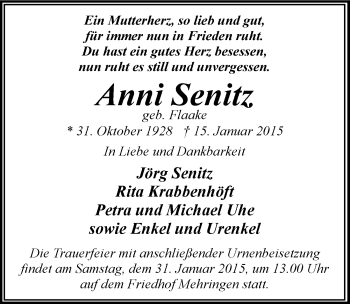 Traueranzeige von Anni Senitz von Mitteldeutsche Zeitung Aschersleben