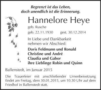Traueranzeige von Hannelore Heye von WVG - Wochenspiegel Quedlinburg
