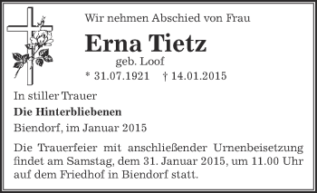 Traueranzeige von Erna Tietz von Super Sonntag Bernburg