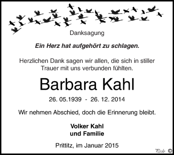 Traueranzeige von Barbara Kahl von WVG - Wochenspiegel NMB / WSF / ZTZ