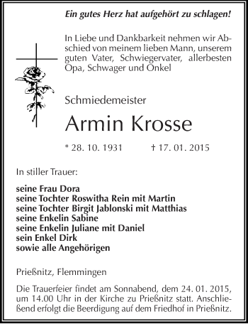 Traueranzeige von Armin Krosse von Mitteldeutsche Zeitung Naumburg/Nebra