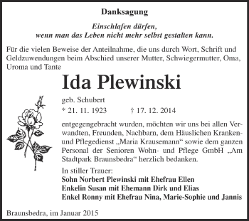Traueranzeige von Ida Plewinski von WVG - Wochenspiegel Merseburg