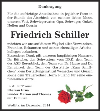 Traueranzeige von Friedrich Schiller von Super Sonntag Bernburg