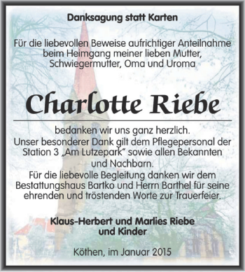 Traueranzeige von Charlotte Riebe von WVG - Wochenspiegel Dessau / Köthen