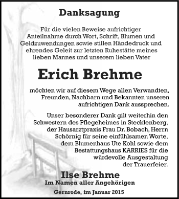Traueranzeige von Erich Brehme von WVG - Wochenspiegel Quedlinburg