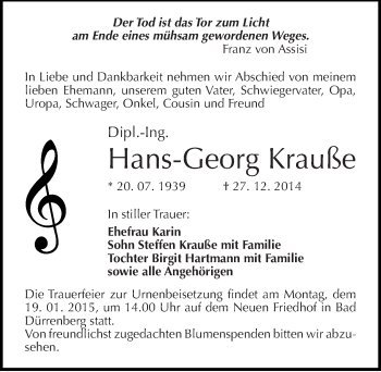 Traueranzeige von Hans-Georg Krauße von Mitteldeutsche Zeitung Merseburg/Querfurt