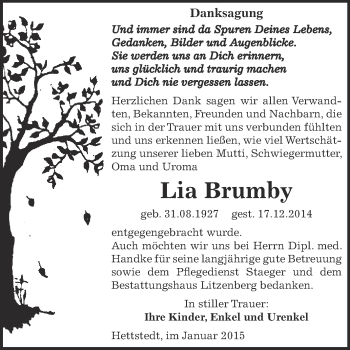 Traueranzeige von Lia Brumby von Wochenspiegel Mansfelder Land