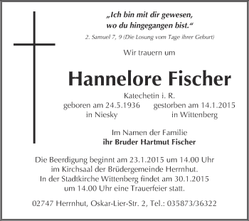 Traueranzeige von Hannelore Fischer von Super Sonntag Wittenberg