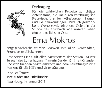 Traueranzeige von Erna Mokros von Mitteldeutsche Zeitung Naumburg/Nebra