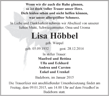 Traueranzeige von Lisa Höbbel von WVG - Wochenspiegel Quedlinburg