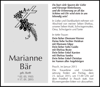 Traueranzeige von Marianne Bär von Mitteldeutsche Zeitung Bitterfeld
