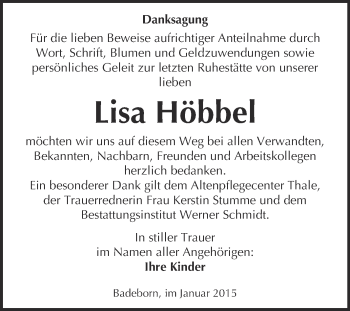 Traueranzeige von Lisa Höbbel von WVG - Wochenspiegel Quedlinburg