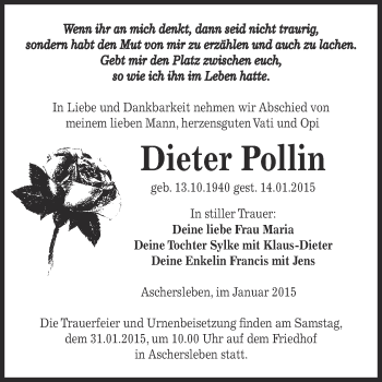 Traueranzeige von Dieter Pollin von Super Sonntag Aschersleben