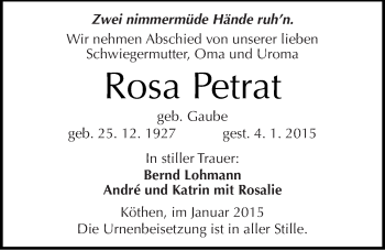 Traueranzeige von Rosa Petrat von Mitteldeutsche Zeitung Köthen