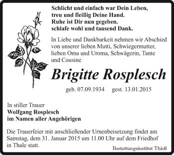 Traueranzeige von Brigitte Rosplesch von Super Sonntag Quedlinburg