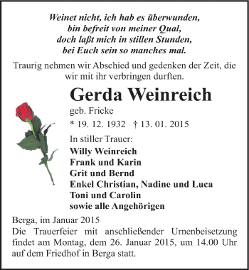 Traueranzeige von Gerda Weinreich von Mitteldeutsche Zeitung Sangerhausen