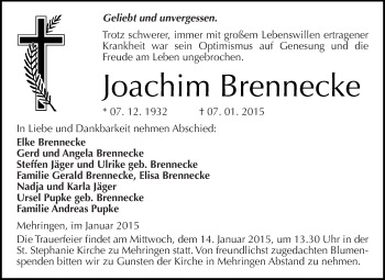 Traueranzeige von Joachim Brennecke von WVG - Wochenspiegel Aschersleben