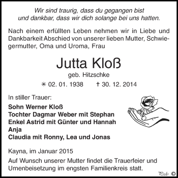 Traueranzeige von Jutta Kloß von Super Sonntag Zeitz