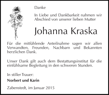 Traueranzeige von Johanna Kraska von Mitteldeutsche Zeitung Mansfelder Land