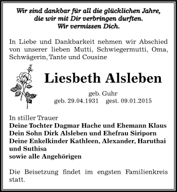 Traueranzeige von Liesbeth Alsleben von Mitteldeutsche Zeitung Bernburg