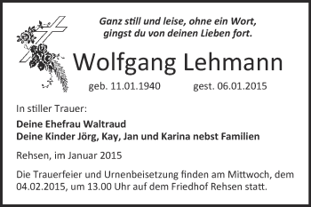 Traueranzeige von Wolfgang Lehmann von WVG - Wochenspiegel Wittenberg