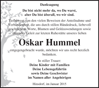 Traueranzeige von Oskar Hummel von Super Sonntag Dessau / Köthen