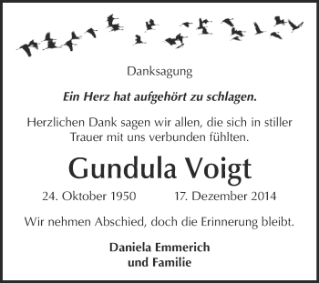 Traueranzeige von Gundula Voigt von WVG - Wochenspiegel NMB / WSF / ZTZ