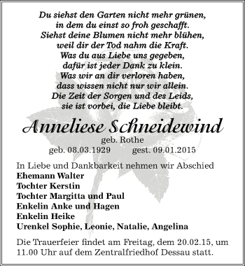 Traueranzeige von Anneliese Schneidewind von Mitteldeutsche Zeitung Dessau-Roßlau