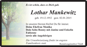 Traueranzeige von Lothar Mankewitz von Mitteldeutsche Zeitung Quedlinburg